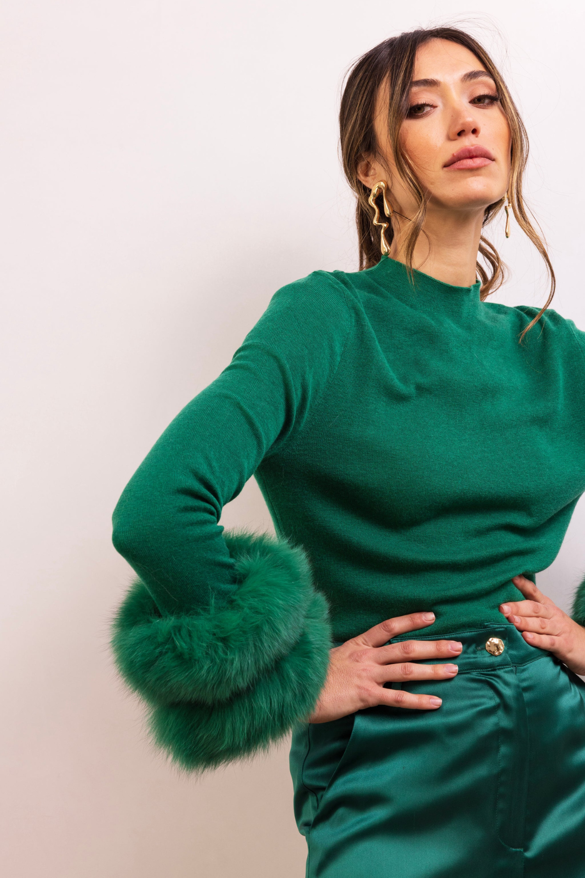 Samara Fur Cuff Sweater- Green