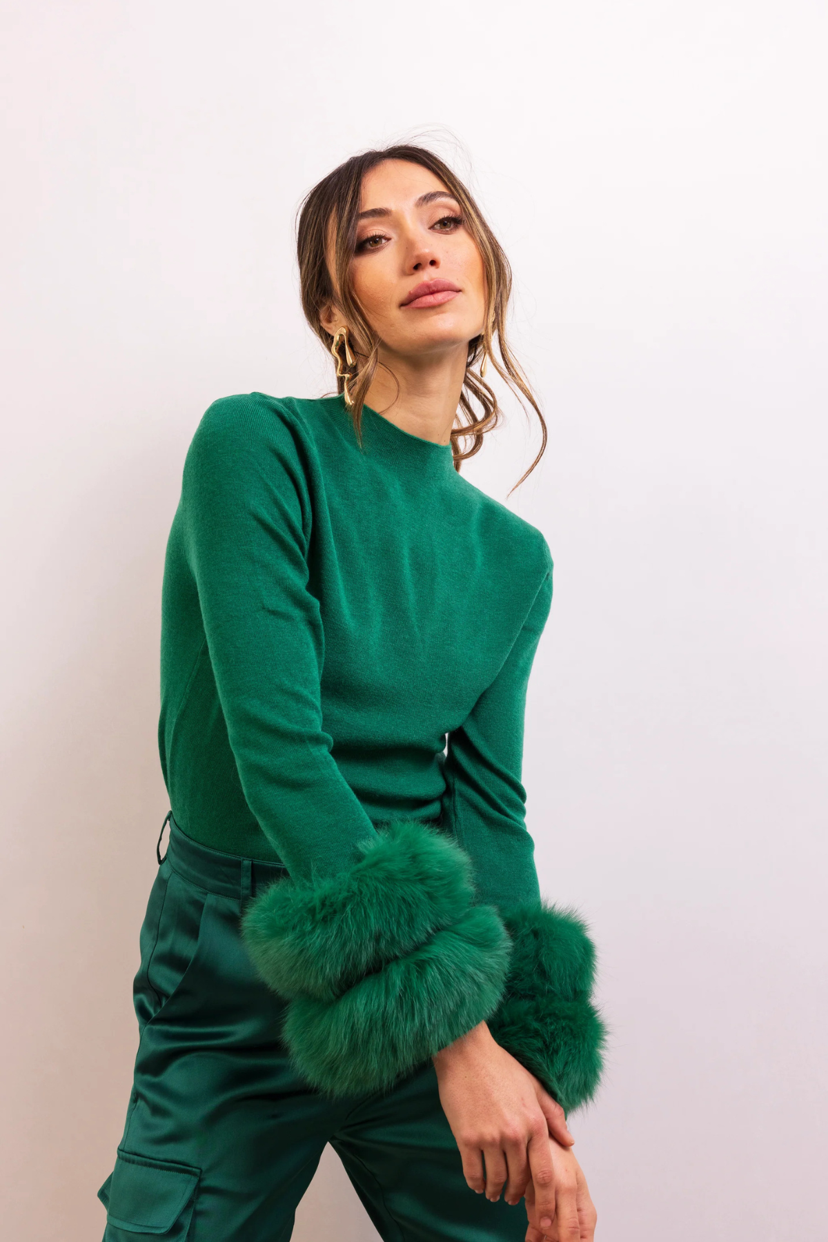 Samara Fur Cuff Sweater- Green