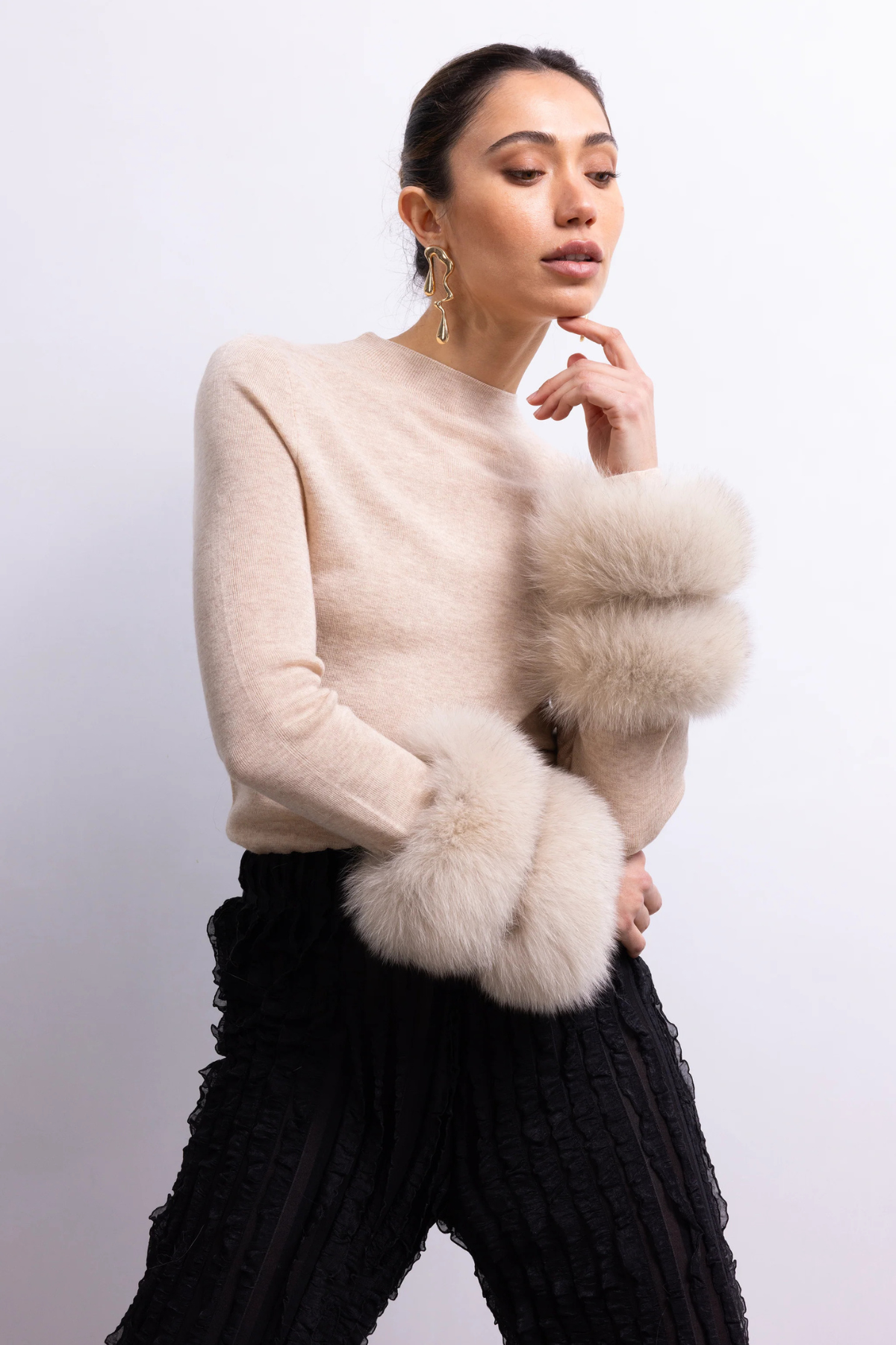 Samara Fur Cuff Sweater - Tan