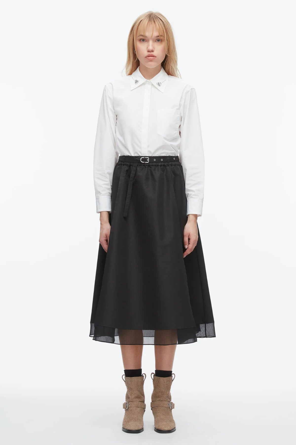 PHILLIP LIM | BELTED MIDI SKIRT WITH CHIFFON HEM