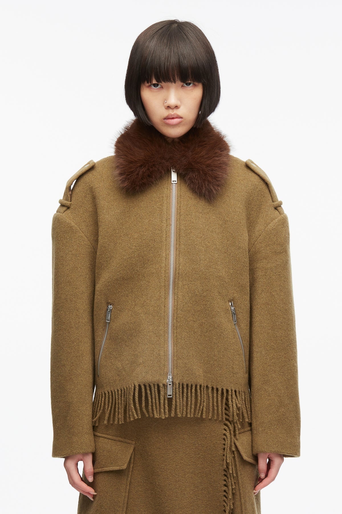 PHILLIP LIM | Wool Scarf Fur Collar Jacket