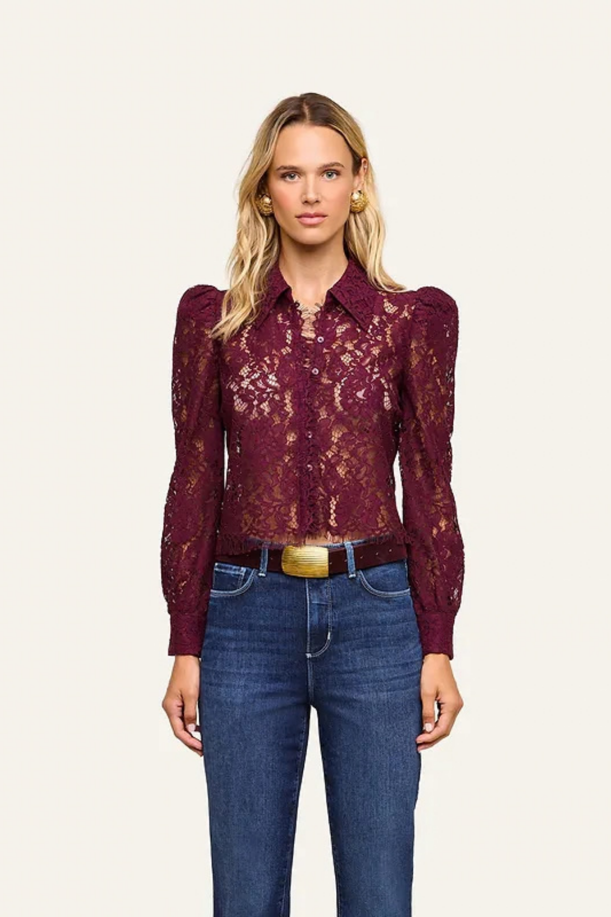 L'AGENCE | Anita Lace Button Up- Sangria