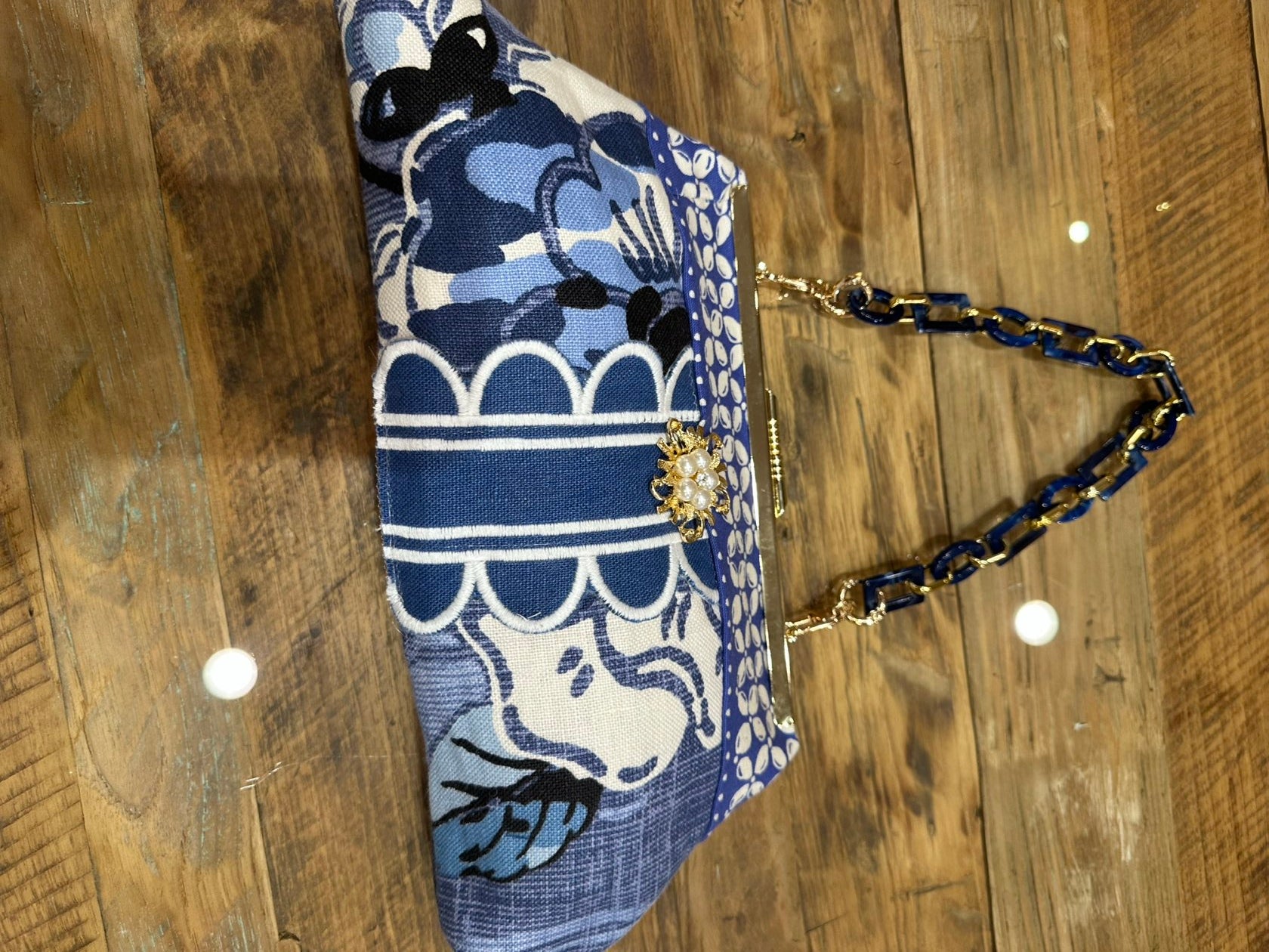 Blue and white purse