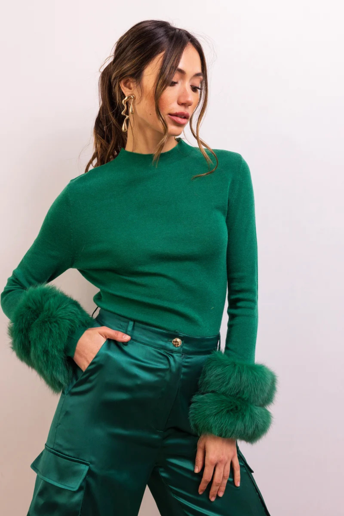 Samara Fur Cuff Sweater- Green