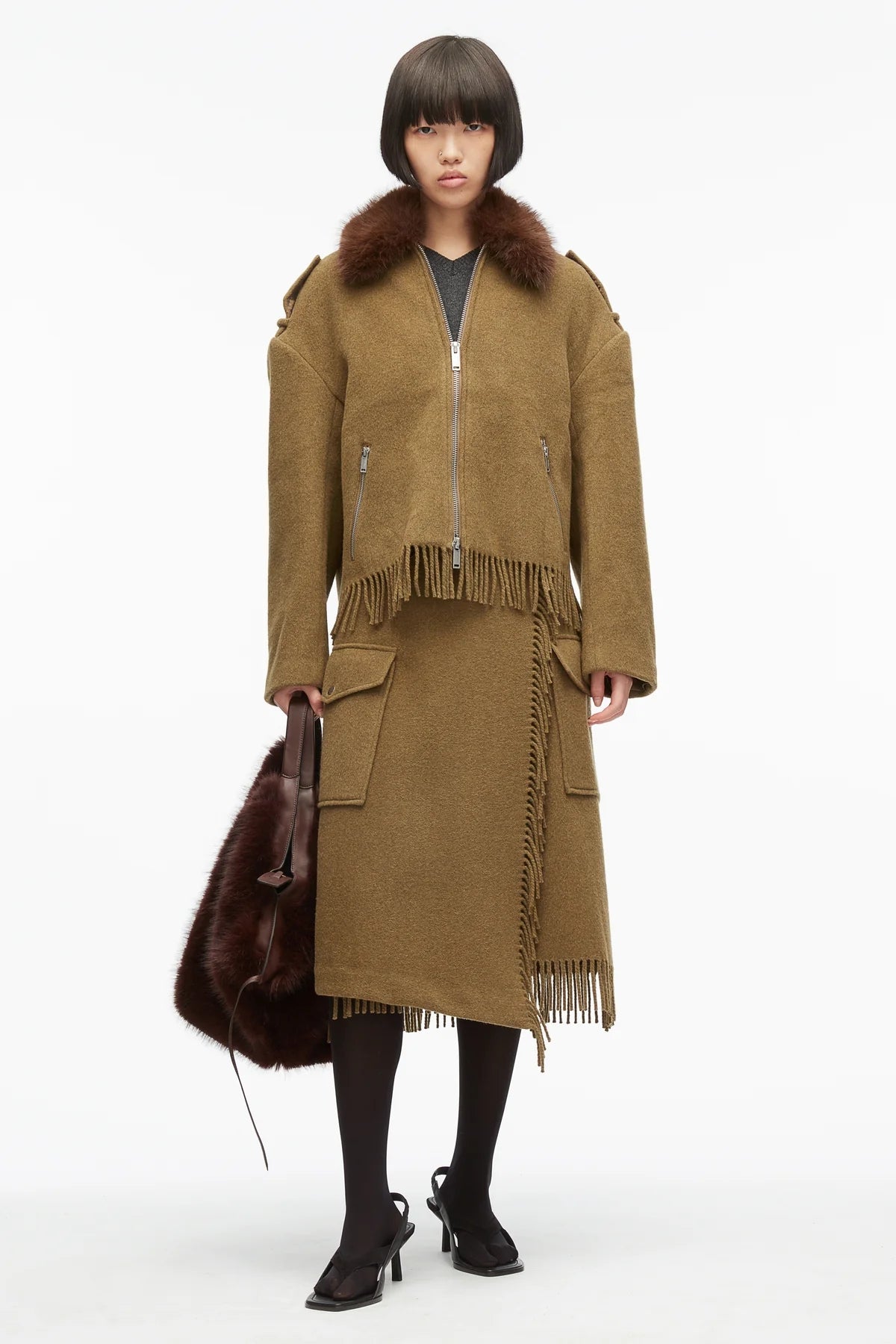 PHILLIP LIM | Wool Scarf Fur Collar Jacket