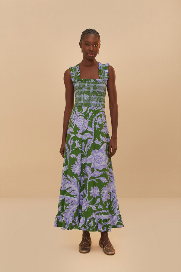 FARM RIO | TROPICAL SWING GREEN SVLS MIDI DRESS
