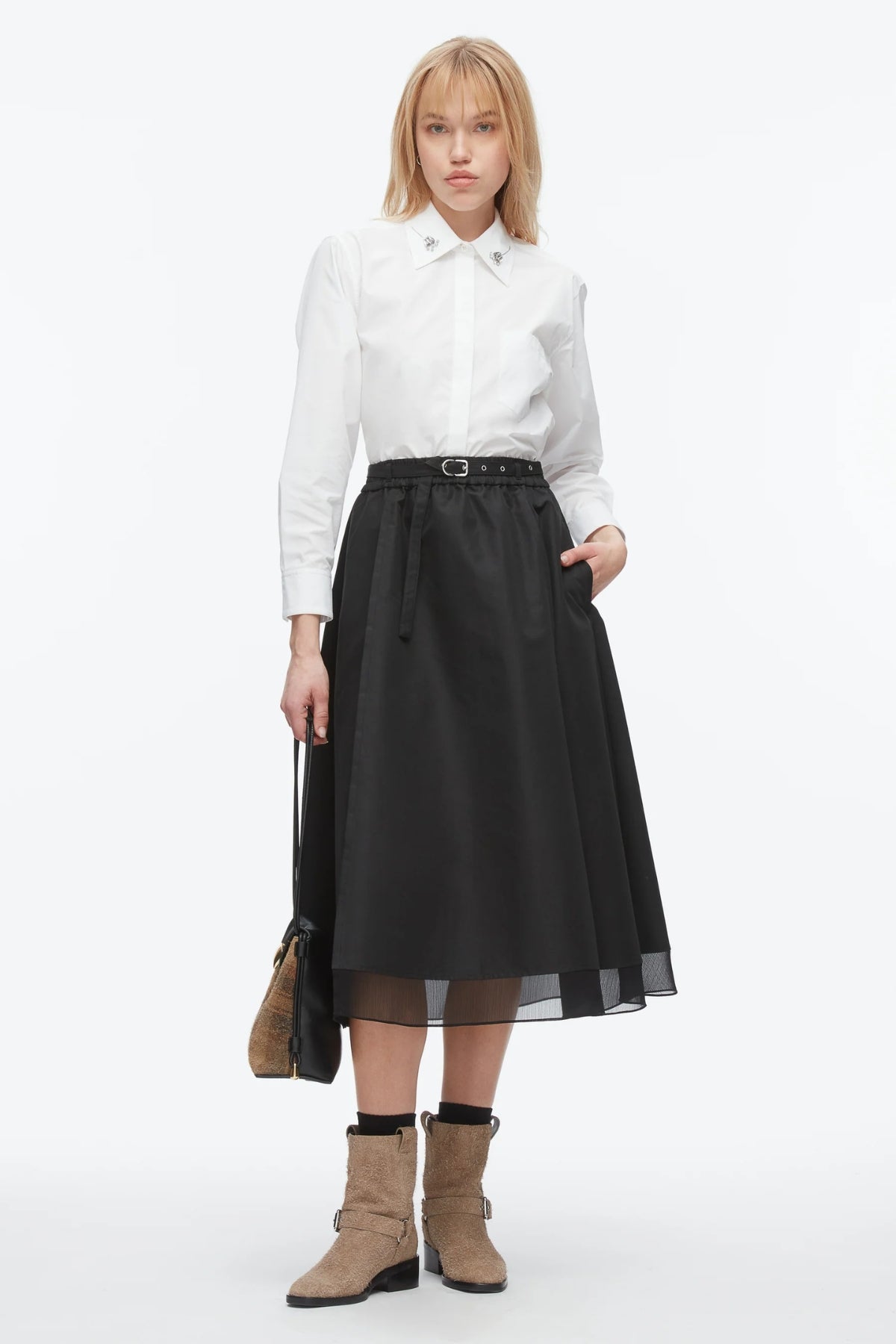 PHILLIP LIM | BELTED MIDI SKIRT WITH CHIFFON HEM