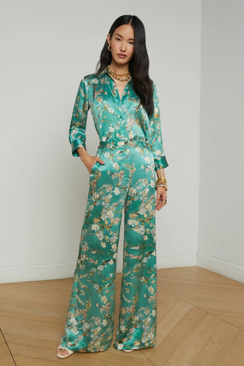 L'AGENCE | PILAR SILK WIDE LEG PANT- TEAL