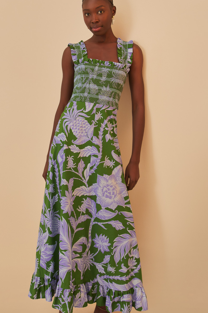FARM RIO | TROPICAL SWING GREEN SVLS MIDI DRESS