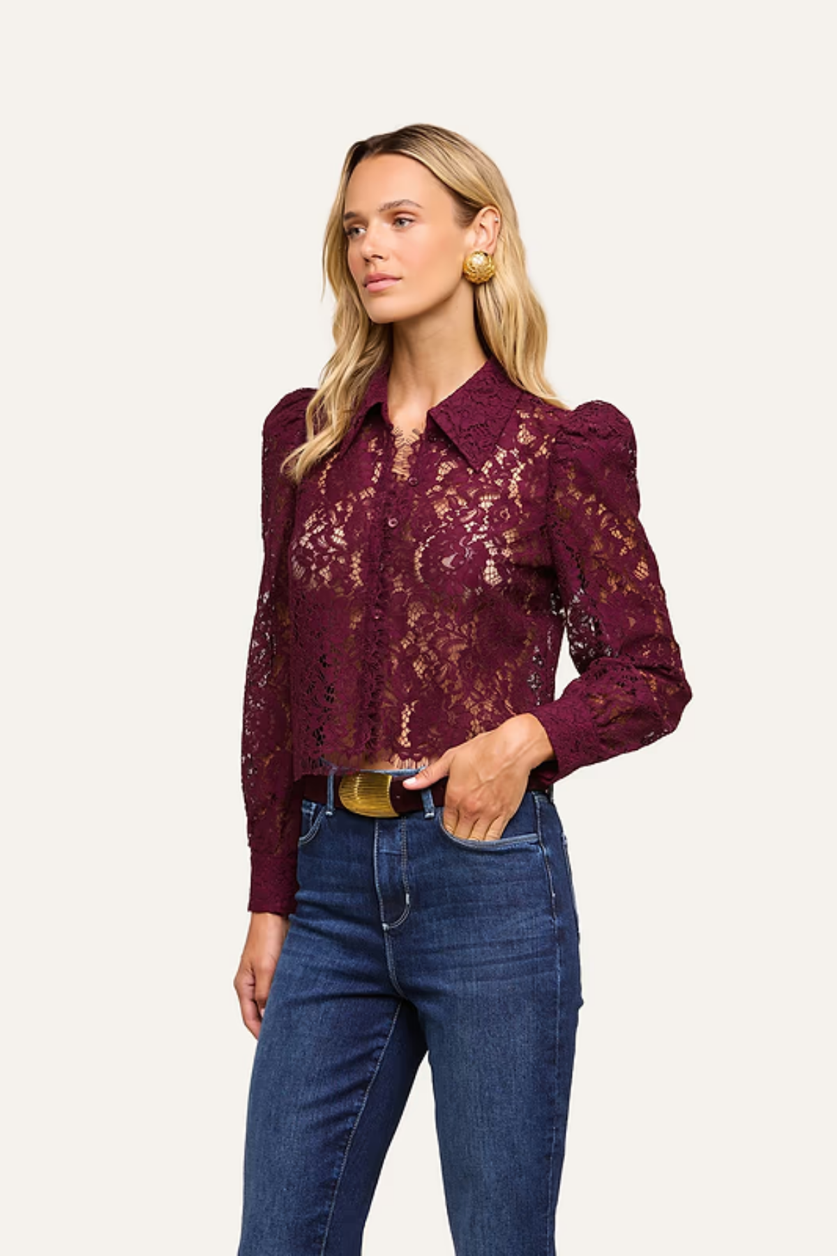L'AGENCE | Anita Lace Button Up- Sangria