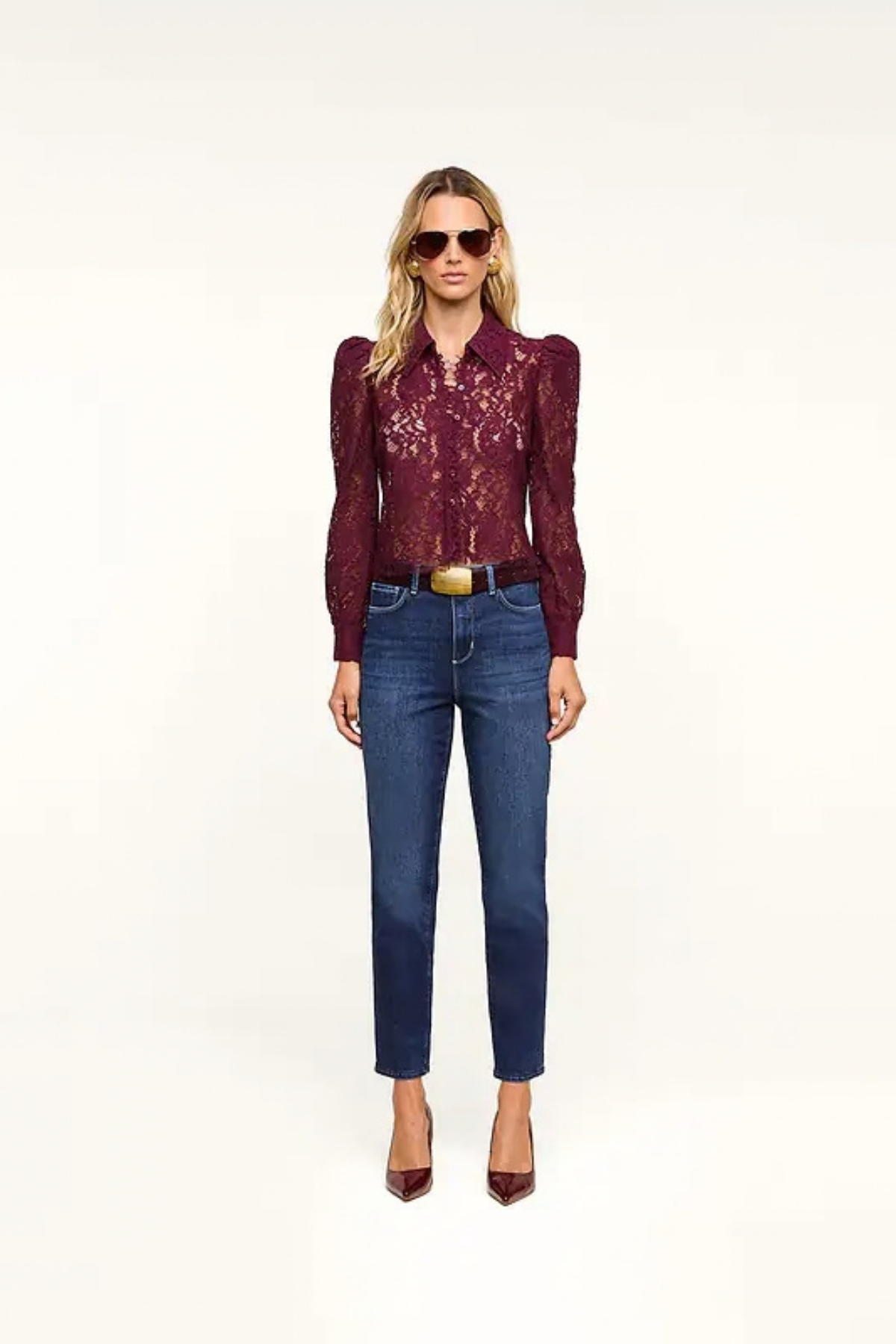 L'AGENCE | Anita Lace Button Up- Sangria