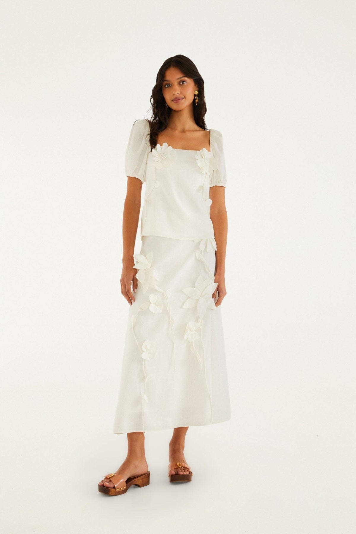 FARM RIO | Off-White Flowers Midi Skirt