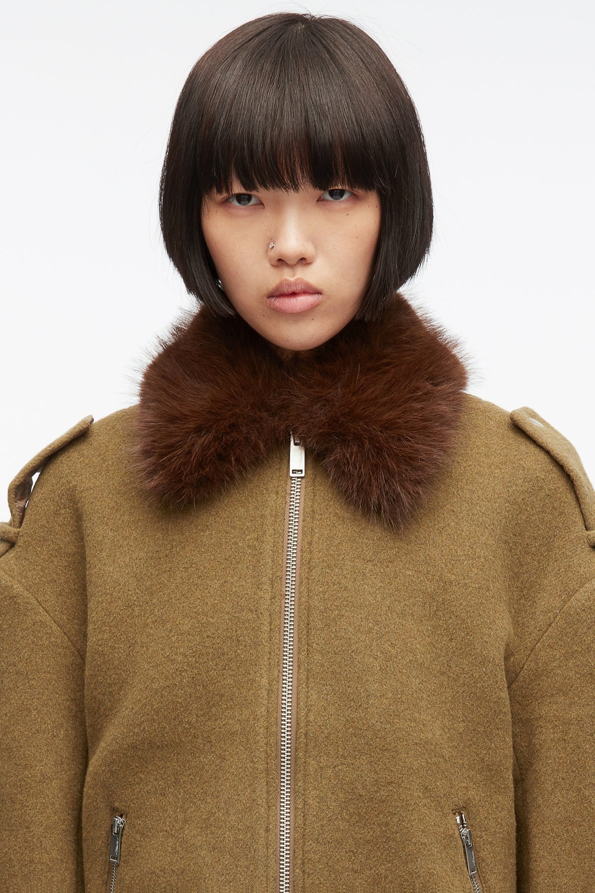 PHILLIP LIM | Wool Scarf Fur Collar Jacket