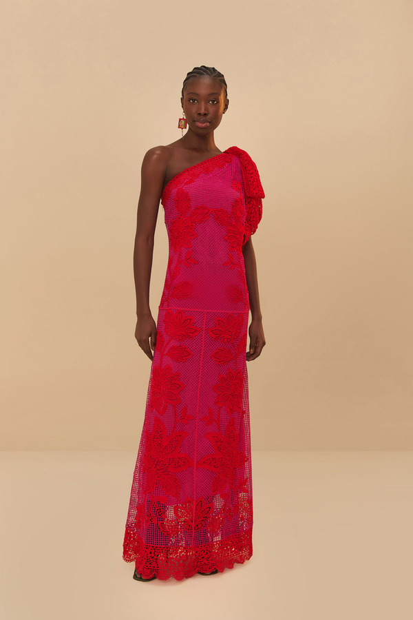 FARM RIO | GUIPURE ONE-SHOULDER MAXI DRESS