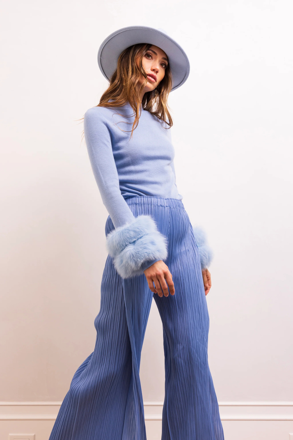 Samara Fur Cuff Sweater - Baby Blue